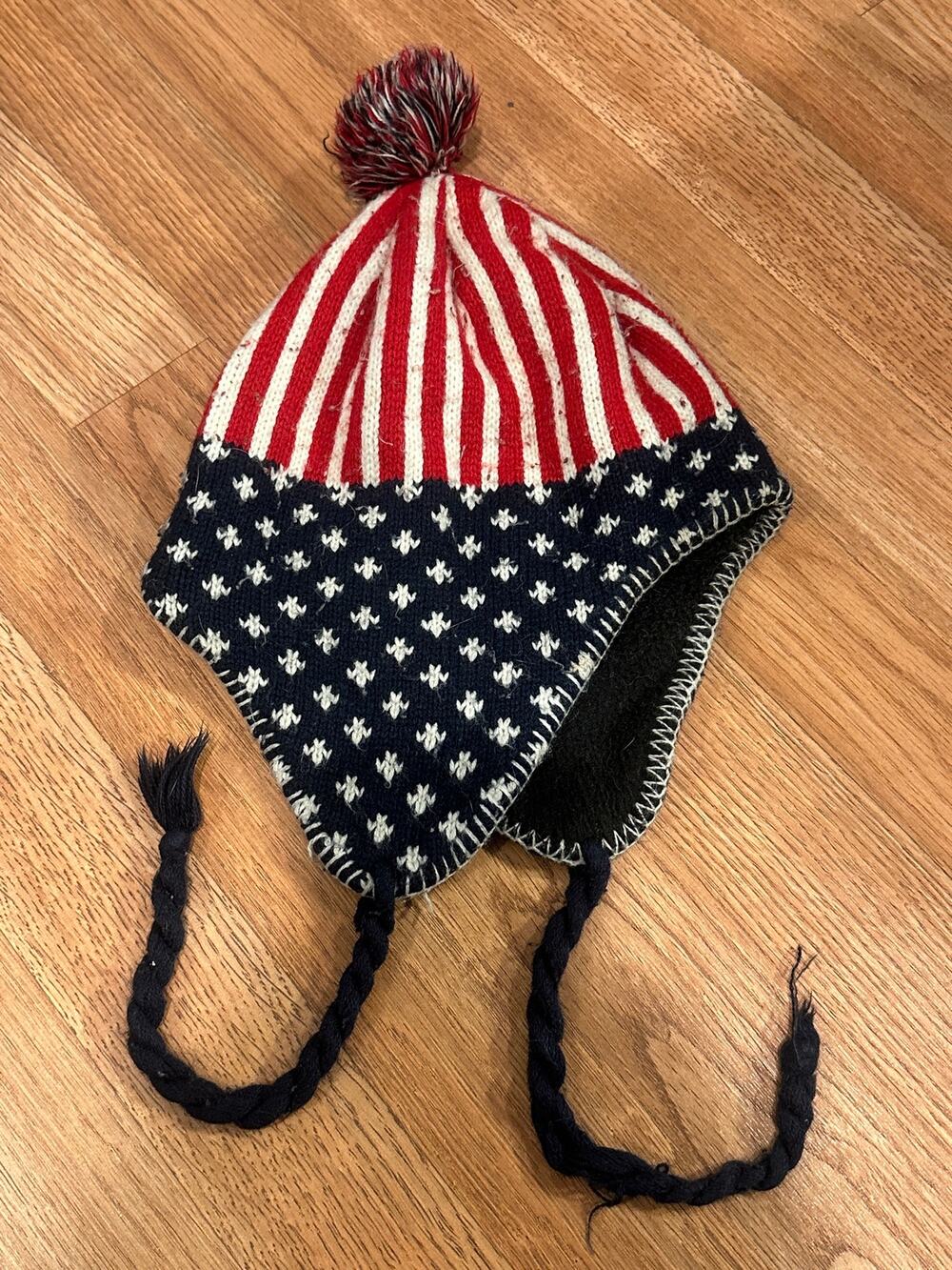 Vintage American Flag Knit Trapper Beanie Earflap Pom Pom Fleece Lined OS
